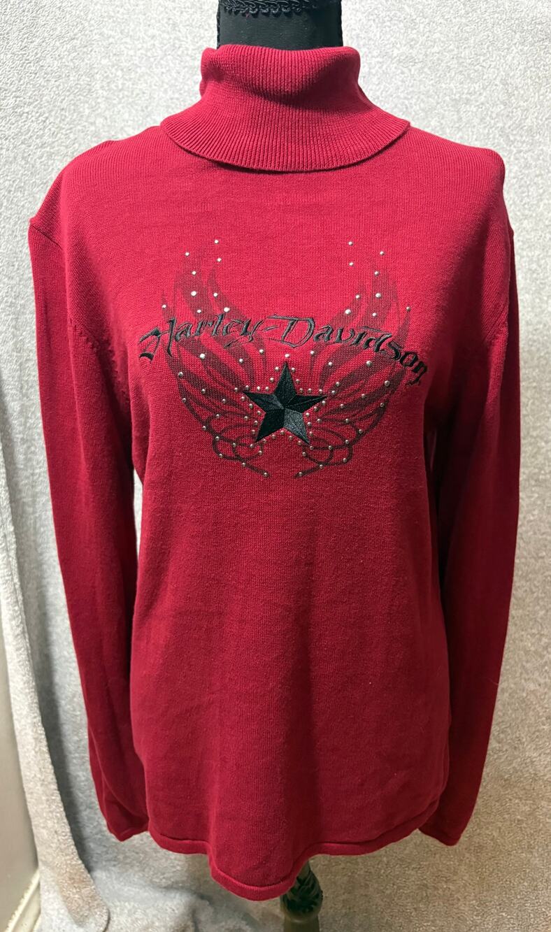 Harley Davidson 2008 L Red Studded Turtleneck Biker Sweater